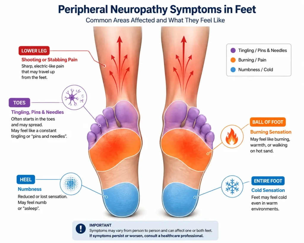 Diagram showing diabetic peripheral neuropathy symptoms in feet including burning tingling numbness shooting pain and cold sensation locations