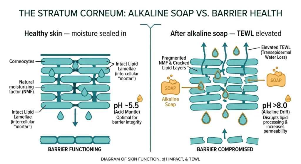 How alkaline soap damages dry skin barrier and increases TEWL transepidermal water loss