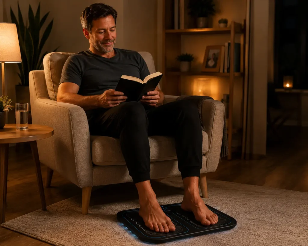 Person with diabetic neuropathy experiencing foot pain relief using EMS TENS electrical stimulation therapy at home