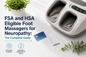 FSA HSA eligible foot massager for diabetic neuropathy showing person paying with health savings account card for therapeutic foot massager device