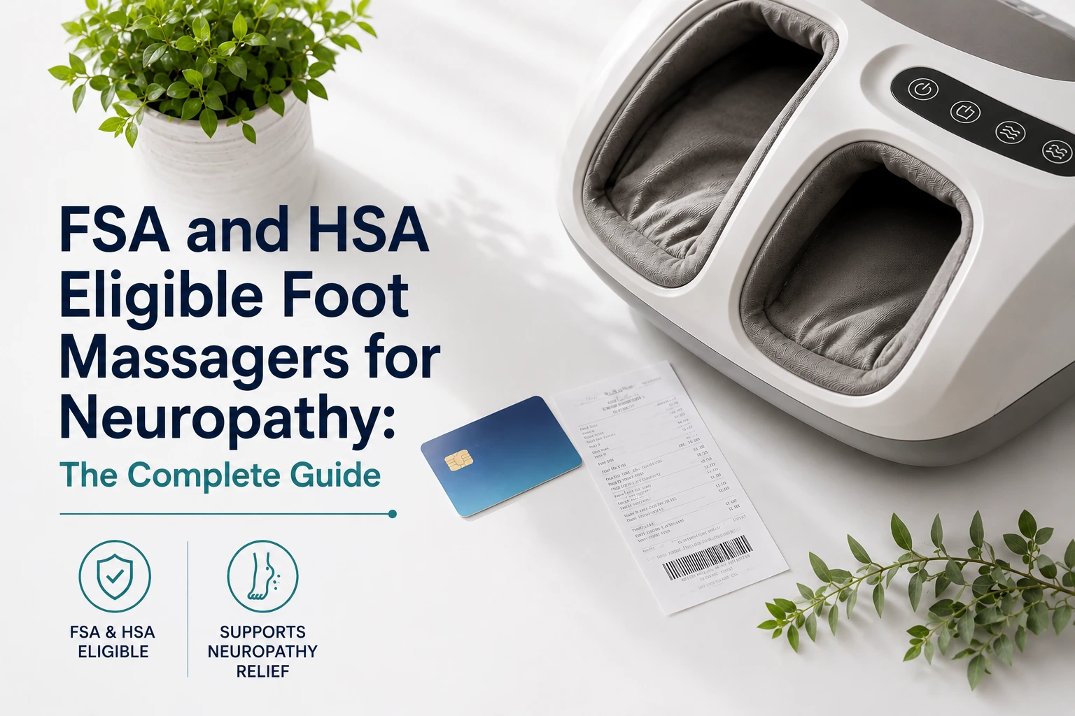 FSA HSA eligible foot massager for diabetic neuropathy showing person paying with health savings account card for therapeutic foot massager device
