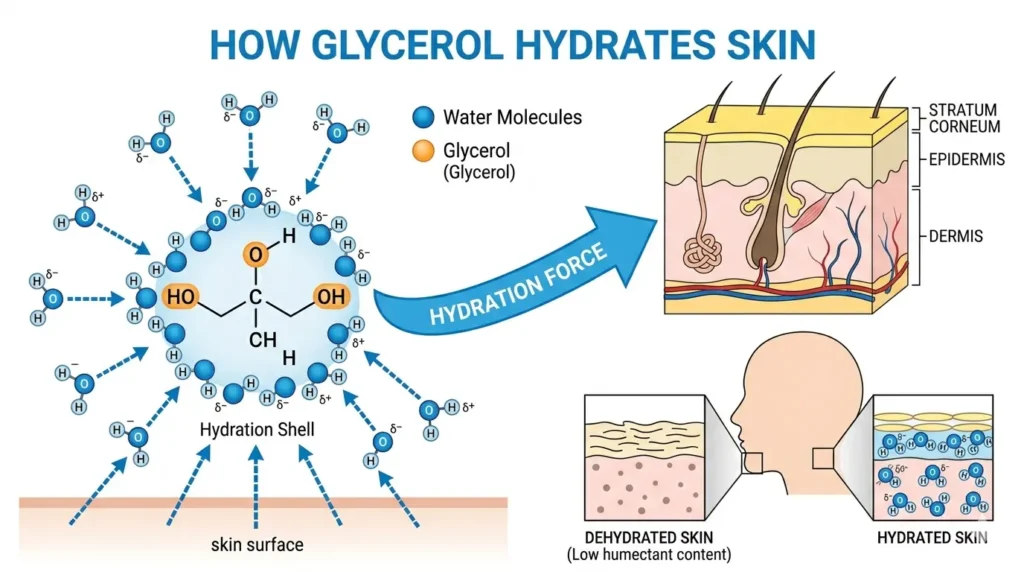 Scientific illustration of glycerin molecule attracting water molecules toward the skin stratum corneum humectant mechanism