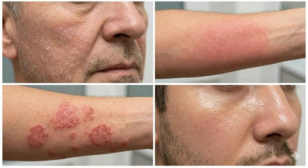 Four skin type close-ups showing dry flaky skin, sensitive reddened skin, eczema-prone skin, and oily skin for glycerin soap comparison