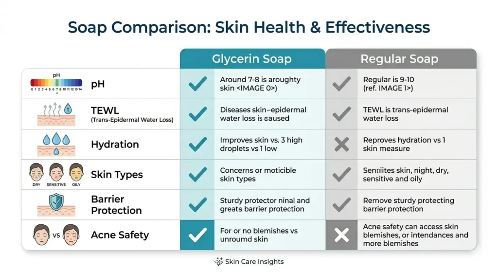 Comparison table glycerin soap versus regular soap for sensitive dry eczema oily and mature skin types