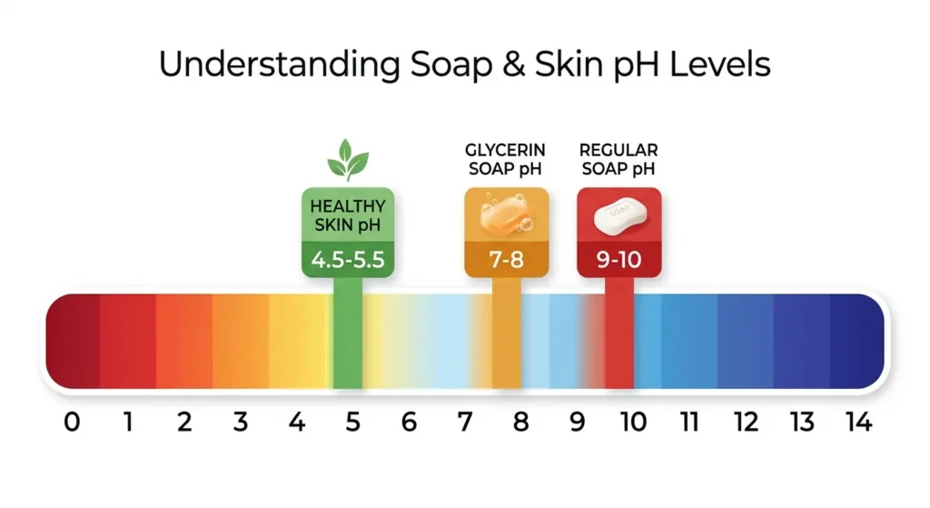pH scale comparing glycerin soap pH 7-8 and regular alkaline soap pH 9-10 versus healthy skin acid mantle pH 4.5-5.5