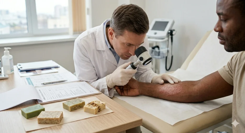 Dermatologist evaluating skin response to herbal soap formulation in a clinical setting with documented results