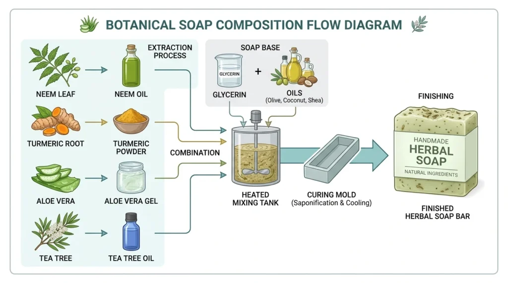 Scientific illustration showing herbal soap formulation process with botanical plant extracts being combined with soap base ingredients