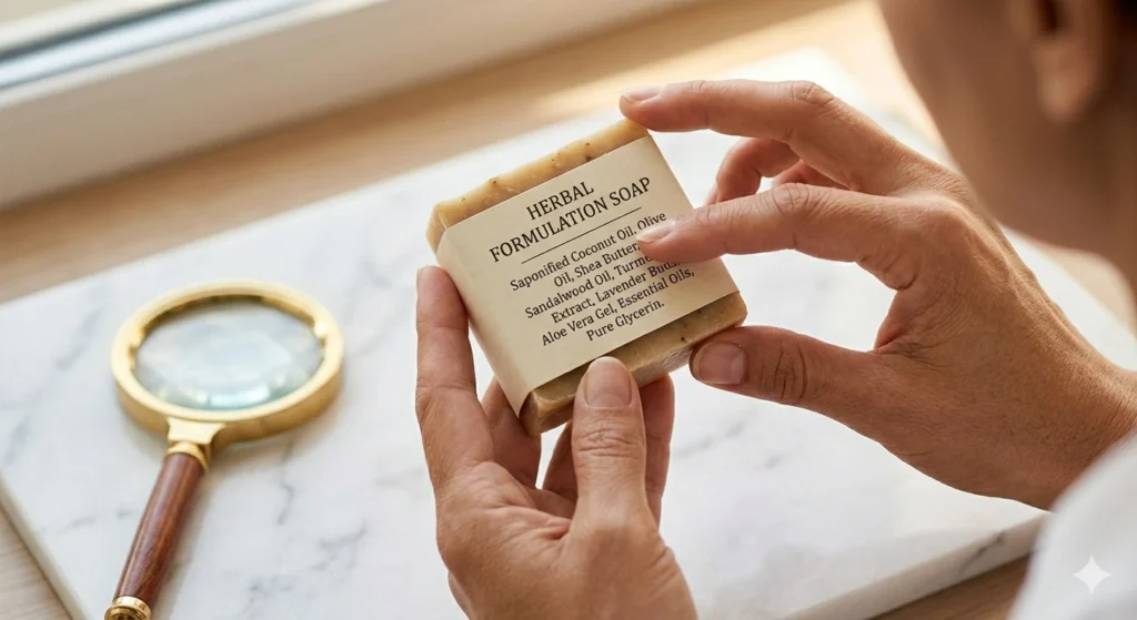 Person reading herbal soap ingredient label carefully to identify real botanical extracts versus greenwashing marketing claims 