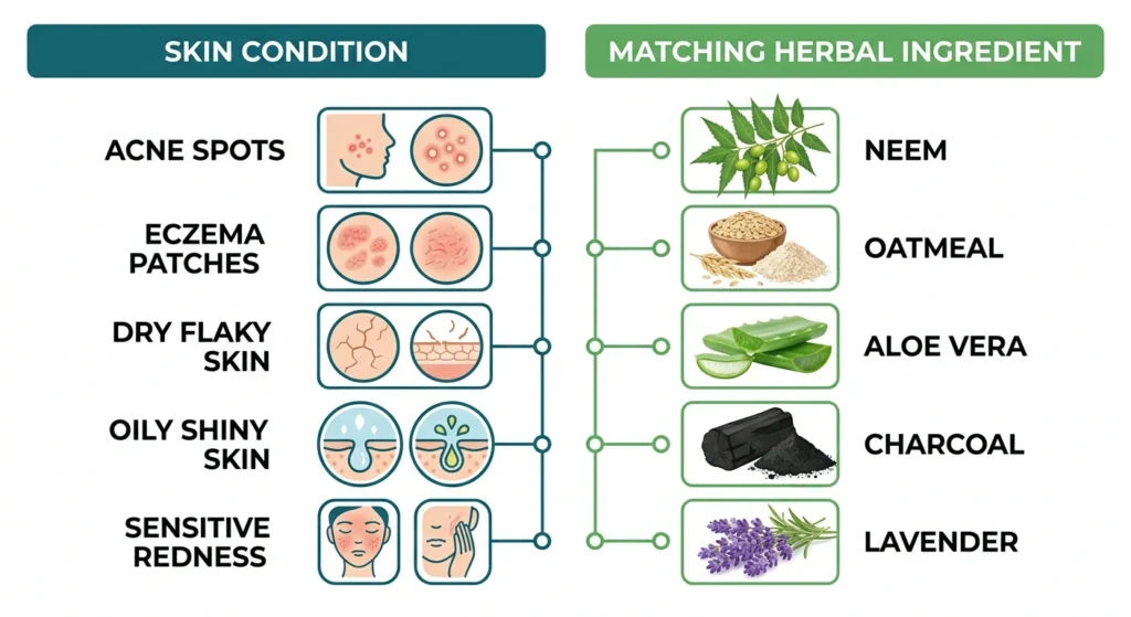 Guide showing different skin conditions — acne, eczema, dry skin, oily skin, sensitive skin — matched with appropriate herbal soap ingredients