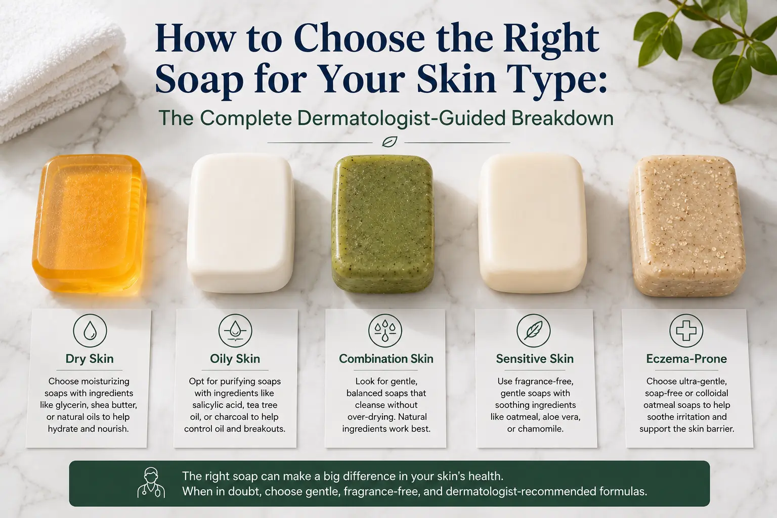 Several different soap types arranged by skin type label cards — glycerin soap for dry skin, salicylic acid soap for oily skin, colloidal oatmeal soap for sensitive skin, syndet bar for eczema-prone skin
