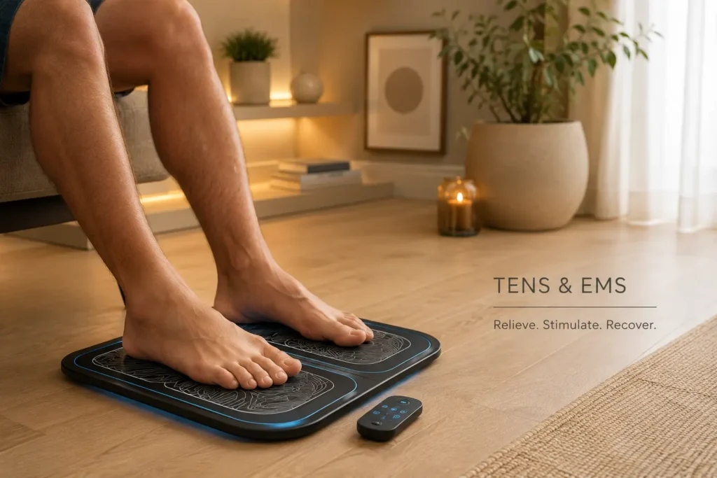 Person with diabetes using EMS TENS foot stimulator mat correctly at home showing proper electrode placement and intensity settings