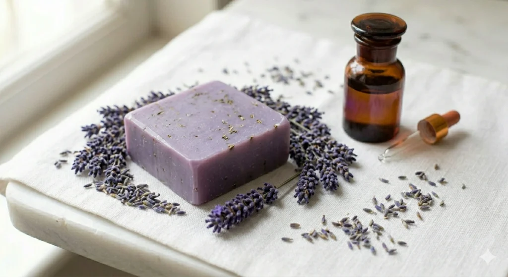 Purple herbal lavender soap bar surrounded by dried lavender sprigs showing antimicrobial and calming skin benefits