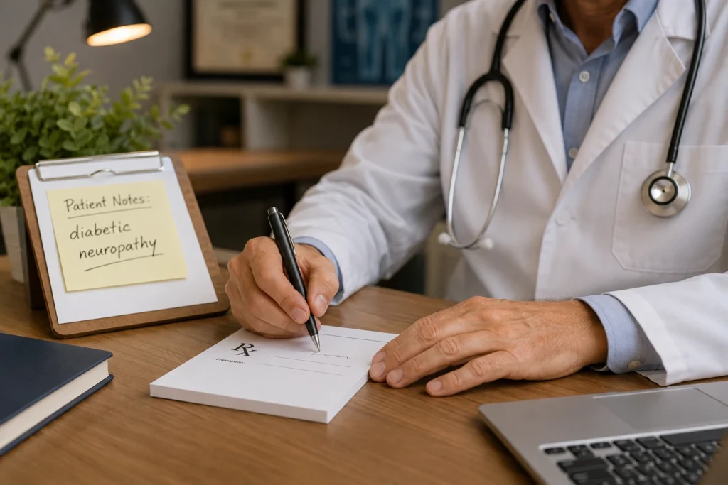 Doctor writing Letter of Medical Necessity for foot massager for patient with diabetic neuropathy for FSA HSA reimbursement