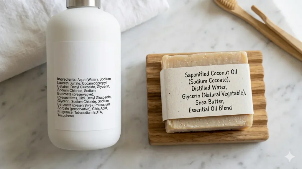Two ingredient labels side by side — liquid soap showing preservatives and moisturisers versus bar soap showing saponified oils and glycerin