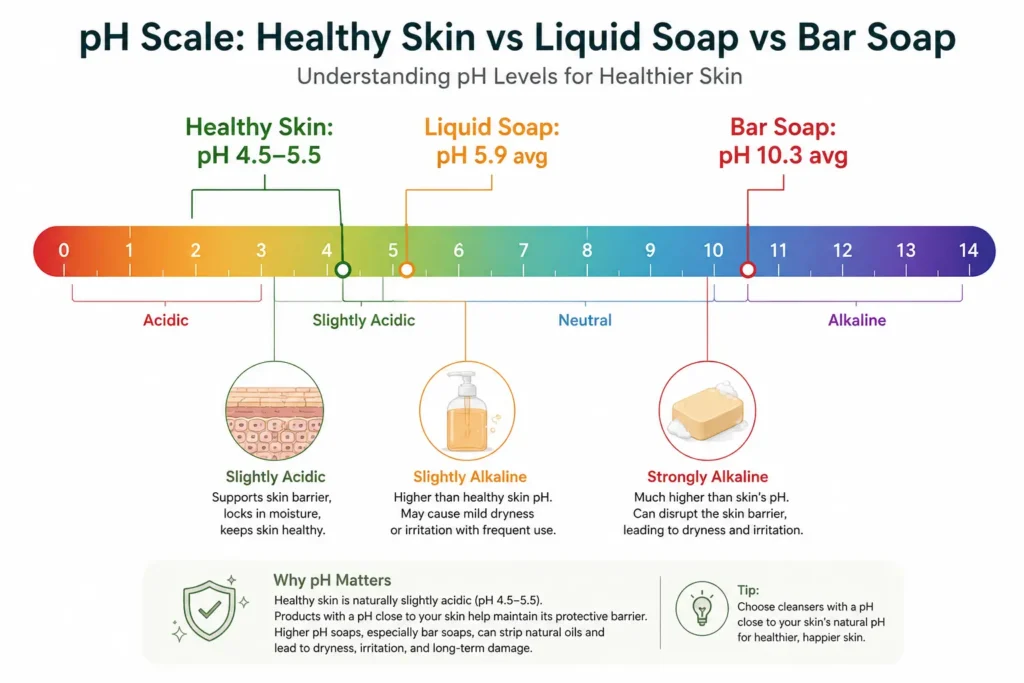 pH scale comparison showing liquid soap at pH 5.9 versus bar soap at pH 10.3 versus healthy skin acid mantle at pH 4.5 to 5.5
