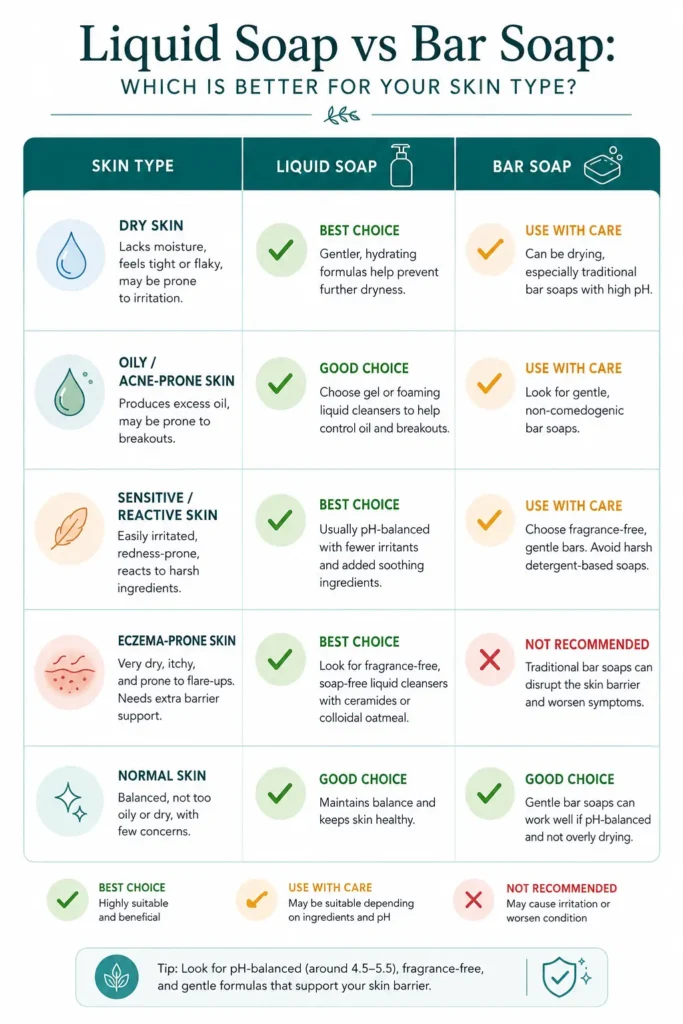 Skin type guide comparing liquid soap and bar soap suitability for dry skin, oily skin, sensitive skin, eczema, and normal skin