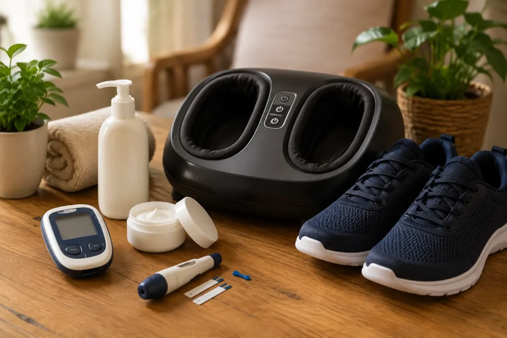 Person with diabetic peripheral neuropathy managing foot symptoms at home with foot massager blood glucose monitoring and foot care routine