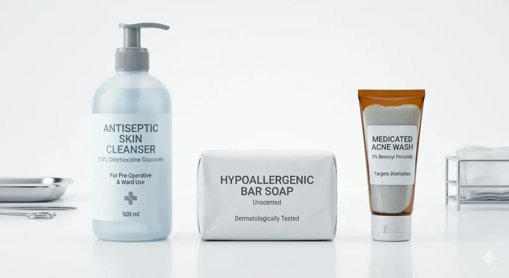 Medicated soap products — chlorhexidine wash, benzoyl peroxide acne bar, sulphur soap for dermatology use