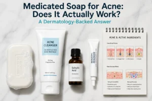 Medicated acne soap bar and liquid cleanser with active ingredients salicylic acid and benzoyl peroxide shown beside inflamed acne-prone skin