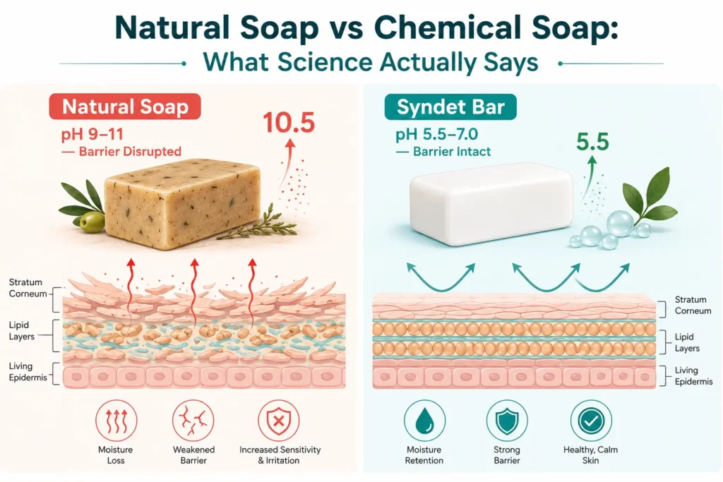 Natural handmade soap high pH skin barrier disruption — cold process soap alkalinity effect on acid mantle