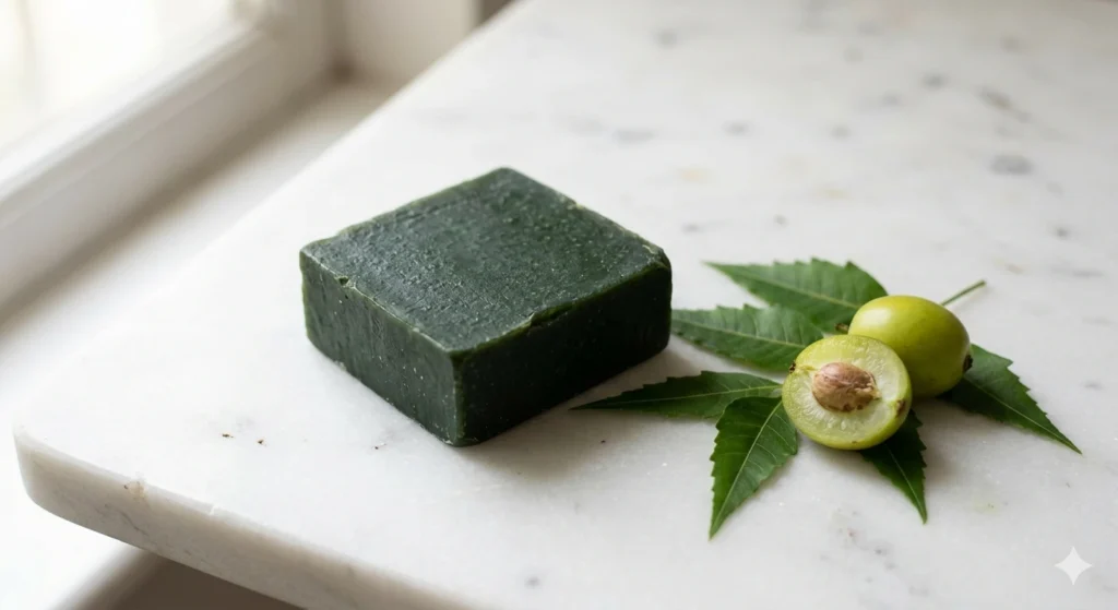 Fresh neem leaves and neem soap bar showing antibacterial properties for acne-prone and fungal skin conditions