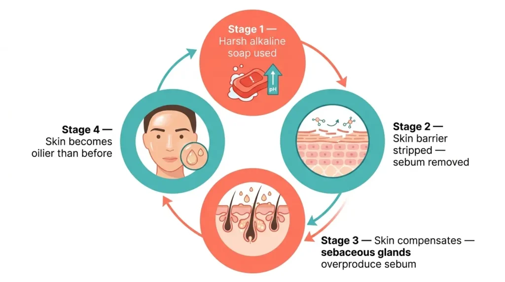How harsh soap causes rebound oiliness in oily skin — sebum overproduction cycle diagram