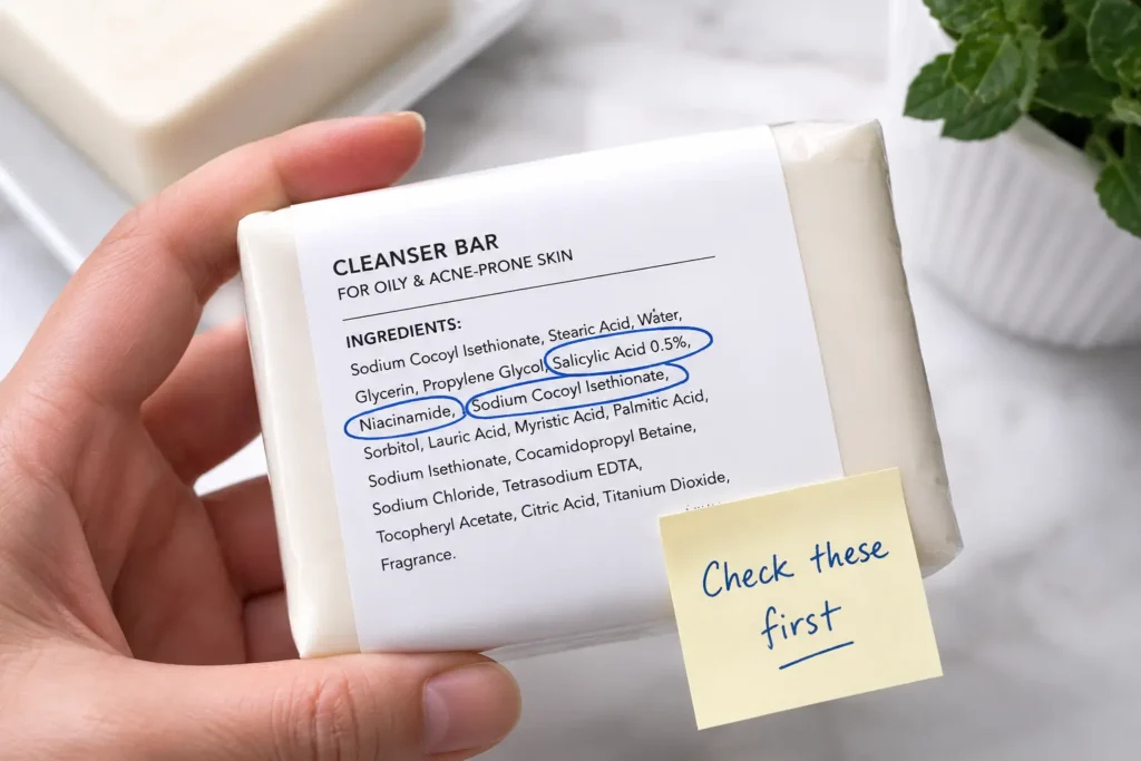 Best ingredients in soap for oily skin — salicylic acid niacinamide zinc checklist label guide