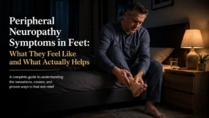 Person with diabetic peripheral neuropathy experiencing burning tingling foot pain at night showing symptoms of nerve damage in feet