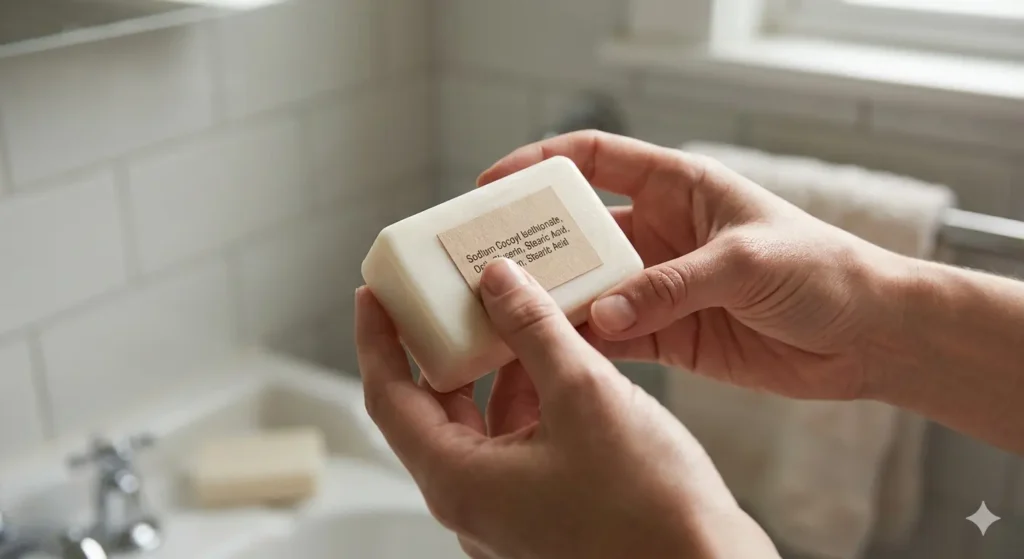 Close-up of hands holding a syndet bar and reading its ingredient label showing sodium cocoyl isethionate as first ingredient