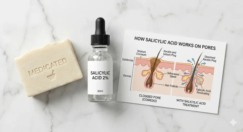 Salicylic acid soap bar beside a scientific diagram showing how salicylic acid penetrates the pore lining to dissolve dead skin cells and unclog pores