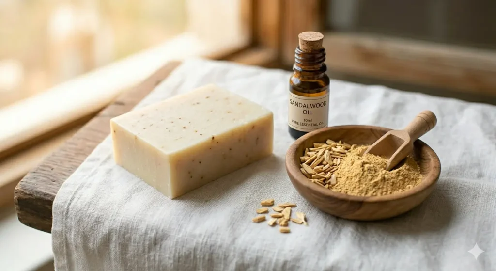 Cream-coloured sandalwood herbal soap bar beside sandalwood chips and sandalwood powder showing anti-inflammatory and skin-brightening benefits