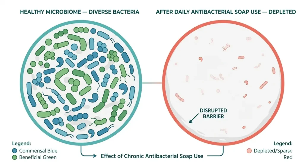 How antibacterial soap disrupts skin microbiome — good bacteria removed alongside bad bacteria diagram