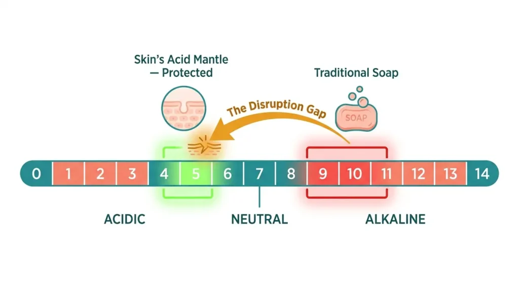 Skin pH scale diagram showing acid mantle range 4.5-5.5 versus alkaline soap pH 9-11