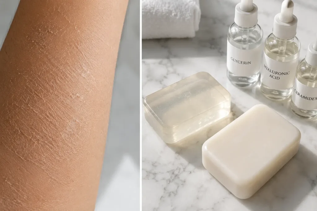 Dry flaky skin patch beside a glycerin soap bar and a syndet bar showing recommended soap types for dry skin with hydrating ingredients