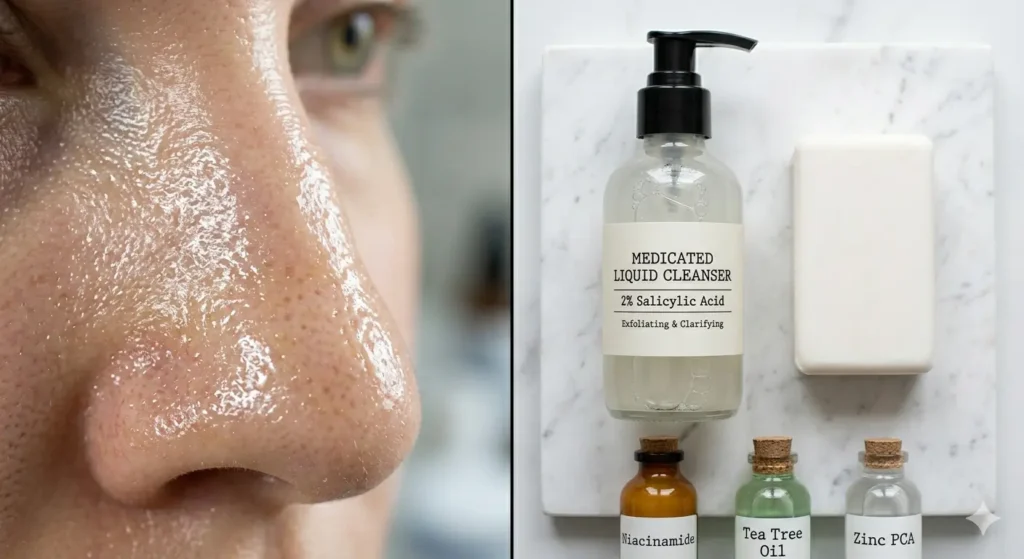 Oily shiny skin on T-zone area beside salicylic acid liquid cleanser and non-comedogenic acne soap for oily skin treatment
