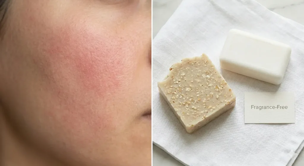 Red sensitised skin patch on cheek beside fragrance-free colloidal oatmeal soap bar and syndet bar recommended for sensitive skin
