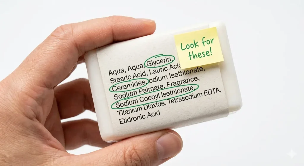 How to read soap ingredient label for dry skin — glycerin ceramides highlighted checklist