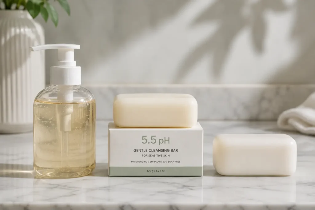 Syndet bar soap with pH 5.5 label positioned between a liquid soap bottle and a traditional bar soap showing it as the best of both worlds