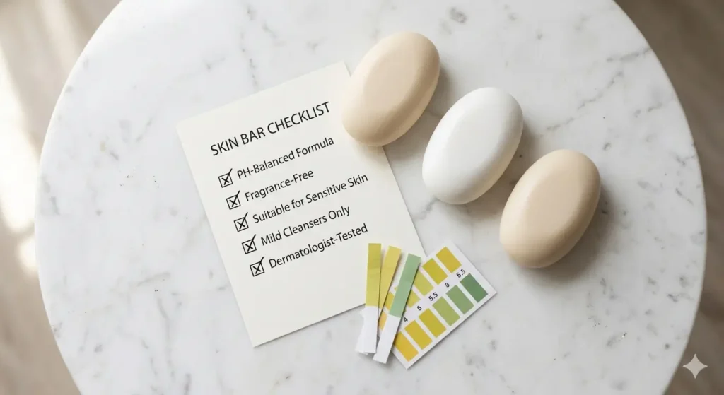 Flat-lay of several fragrance-free pH-balanced syndet bars on a white surface next to a printed ingredient checklist