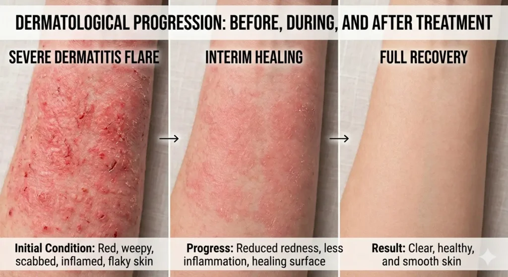 Close-up comparison of sensitive skin, eczema-affected skin, and healthy skin after syndet bar use showing visible improvement
