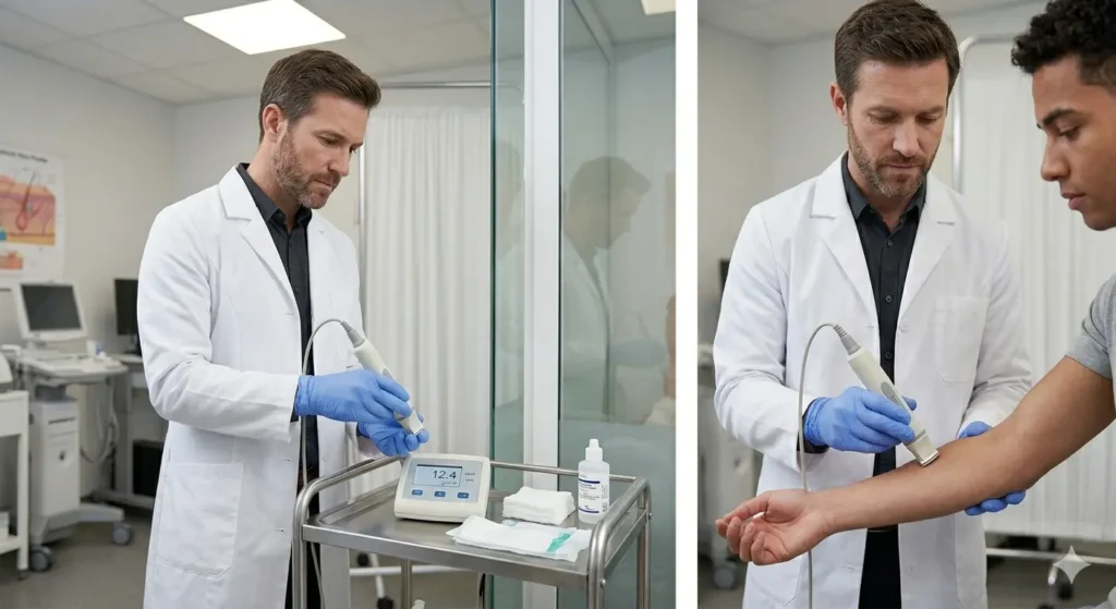 Dermatologist examining patient skin after syndet bar use in a clinical trial setting with measurement tools