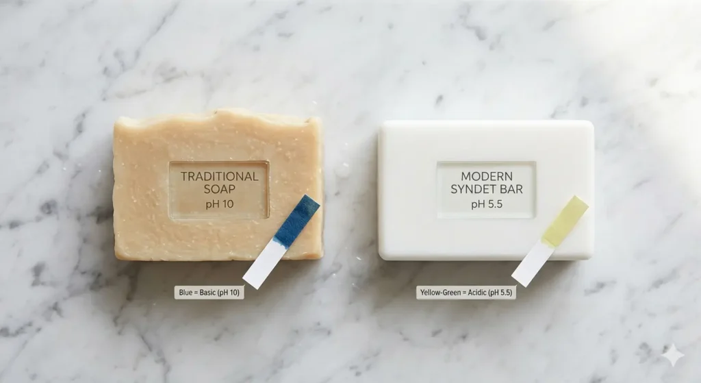 Side-by-side comparison of a syndet bar and a traditional soap bar showing ingredient labels and pH indicators