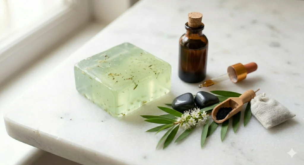 Small bottle of tea tree essential oil beside a white herbal soap bar with tea tree oil for acne and antimicrobial skin benefits 