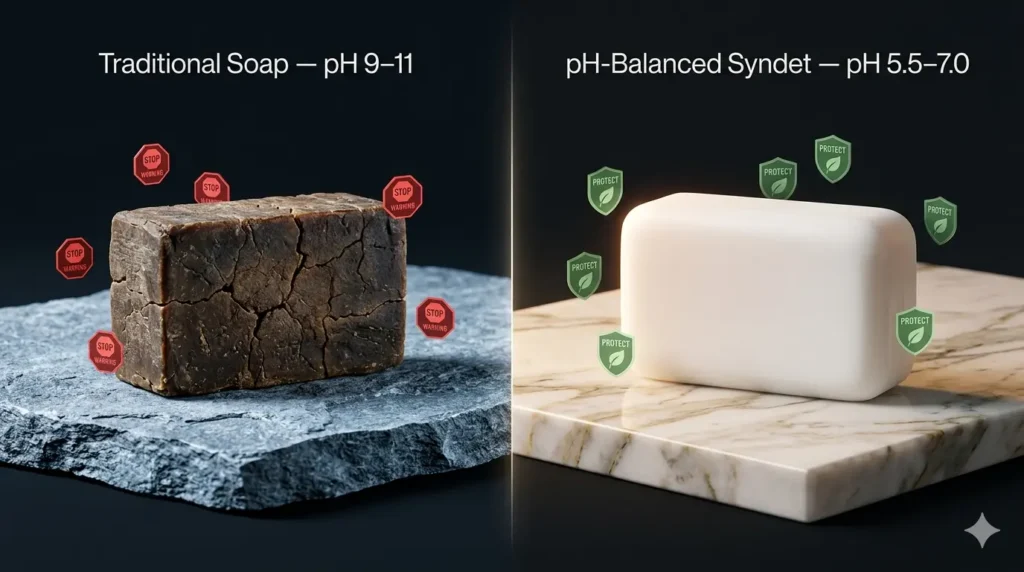 How high pH traditional bar soap disrupts skin barrier compared to pH-balanced syndet bar