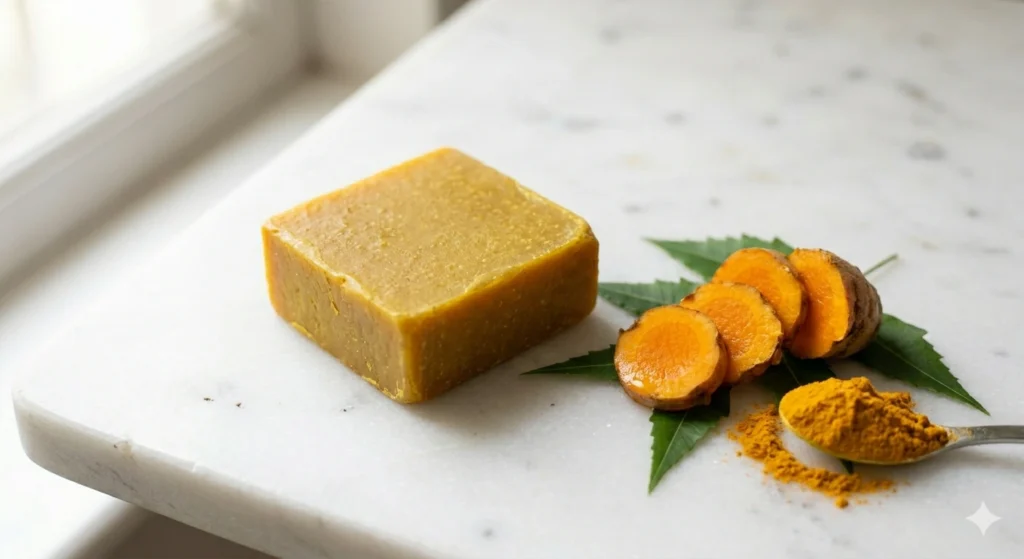 Golden turmeric root sliced open beside a yellow turmeric herbal soap bar showing curcumin anti-inflammatory benefits for skin