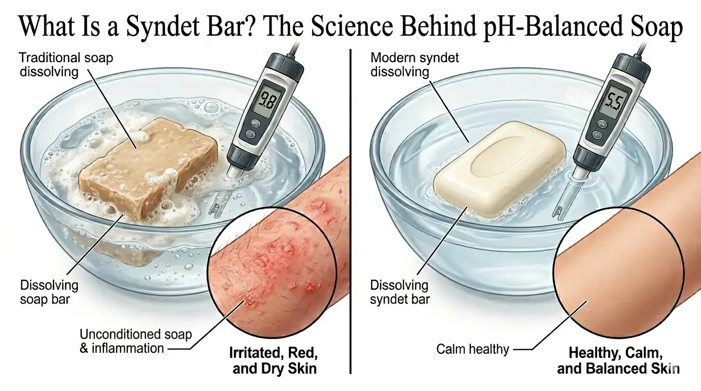 Cross-section diagram showing syndet bar vs traditional soap pH levels and their effect on the skin barrier acid mantle