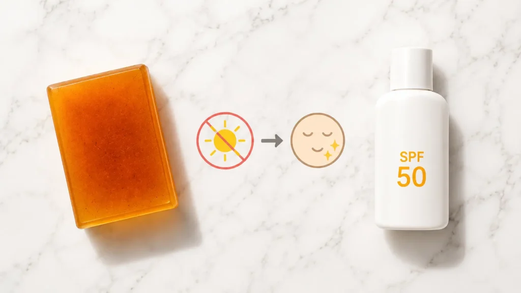 Sunscreen and brightening soap for dark spots — SPF protection essential for hyperpigmentation treatment
