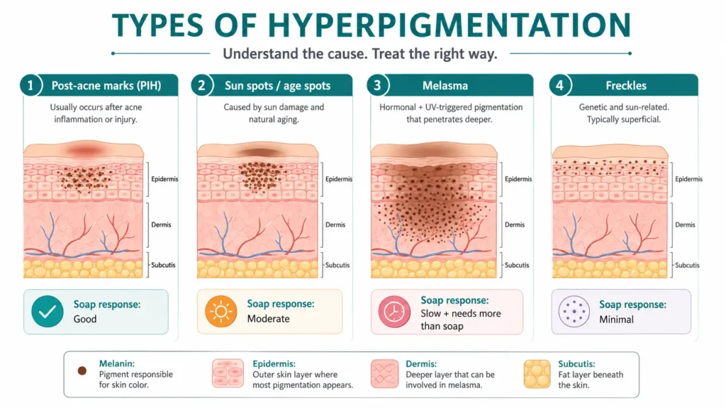 Types of dark spots and hyperpigmentation — post-acne marks sun damage melasma age spots skin diagram